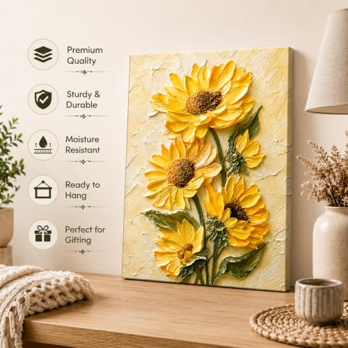 Image of PAINTINGMANTRA Textured Embossed Floral Canvas Wall Art Painting for wall decoration, Vibrant Yellow Sunflower Motifs Stretched Canvas Painting for living room, bedroom, office and Home, 16x22 Inch