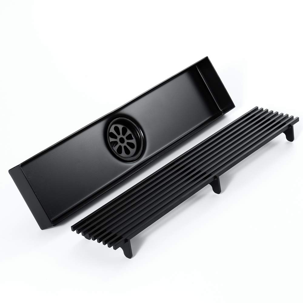 Desagüe Ducha 304 Acero Inoxidable Rectangular Canaleta de Drenaje de Suelo Desodorante Gran Desplazamiento Negro Drenaje de Ducha para Patio, Baño y Cocina, 30×7 cm