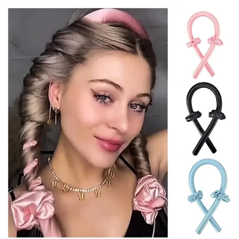 Croc 1290 Isısız Saç Şekillendirme Seti Saten Gece Bigudisi Saç Sosisi (Pembe)