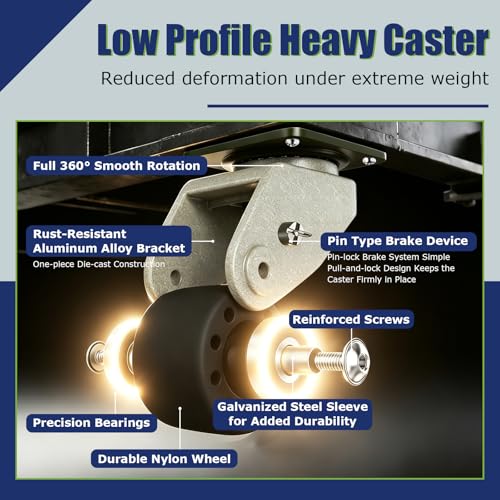 2 Inch Heavy Duty Caster Wheels Set of 4, 4000 LBS Capacity Low Profile Top Plate Swivel Casters, Nylon Machine Wheels for Workbench, Equipment, Hammered Gray — view 6