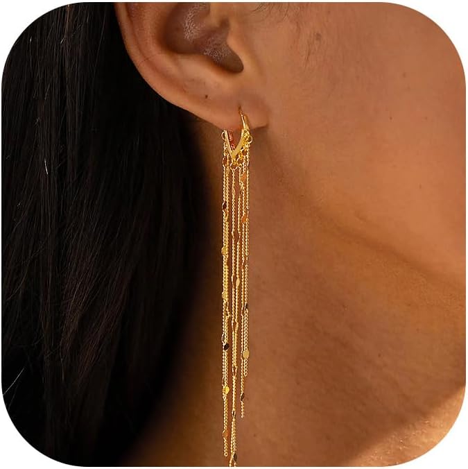 Robaice 14K Gold Plated Pearl Tassel Dangle Earrings for Women - Hypoallergenic Long Drop Prom Party Jewelry Gifts