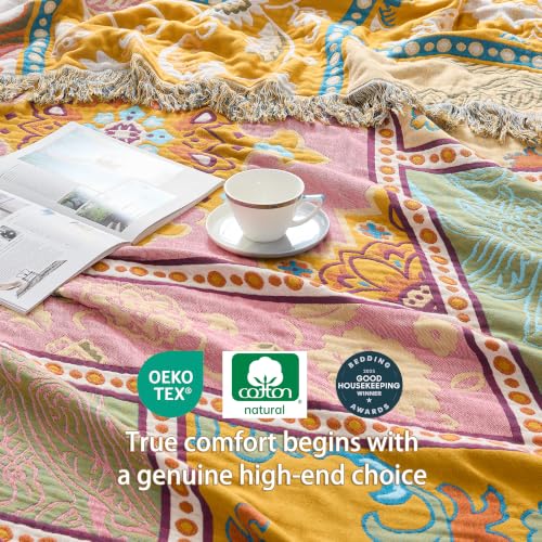 Image of VANJOROY Boho Throw Blanket, 100% Organic Cotton Breathable Skin-Friendly Ultra Soft 50 inch x 60 inch Bed Patchwork Throw - Floral Rustic Luxury Reversible Blanket for Sofa Couch Chair and Gift,