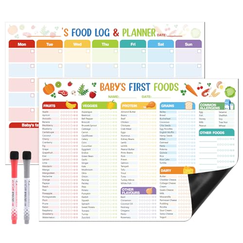 Image of 2 Pack Baby First Foods Checklist, 14x10"Baby Food Chart with 2 Dry Erase Markers, Magnetic Baby's Food Checklist & Daily Food Log Meal Planner, Baby’s First 100 Foods Tracker Magnet for Fridge