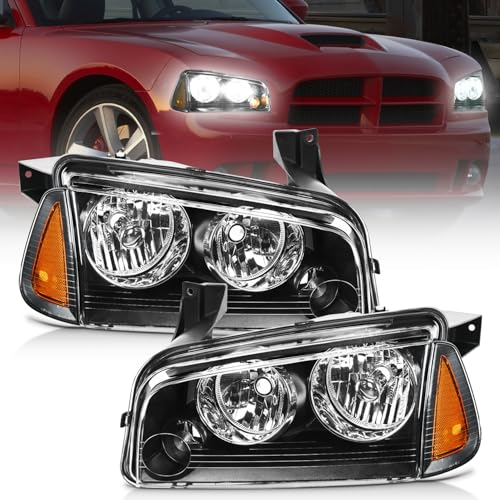 Nilight Headlight Assembly Compatible with 2006 2007 2008 2009 2010 Dodge Charger Black Housing Amber Reflector Clear Lens Headlights Replacement Bumper Lamp Set Driver and Passenger Side