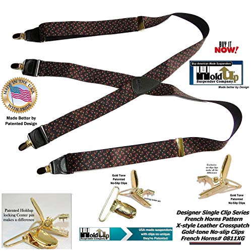 HoldUp Brand French Horn Pattern 1 1/2\" X-back Designer Series Suspenders with No-slip Gold-tone Clips - Thumbnail 6