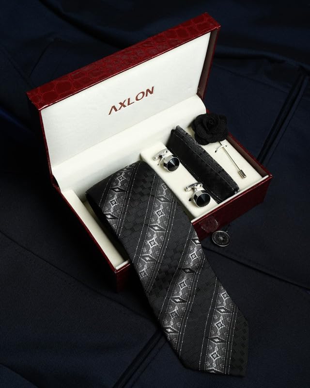 Image of Axlon Tie for Men - Striped Silk Neck Ties Set with Cufflinks Flower Pin, Pocket Square & Black Gift Box, Combo Necktie Sets for Office Wear, Formal Suits & Weddings (0, st3pn)