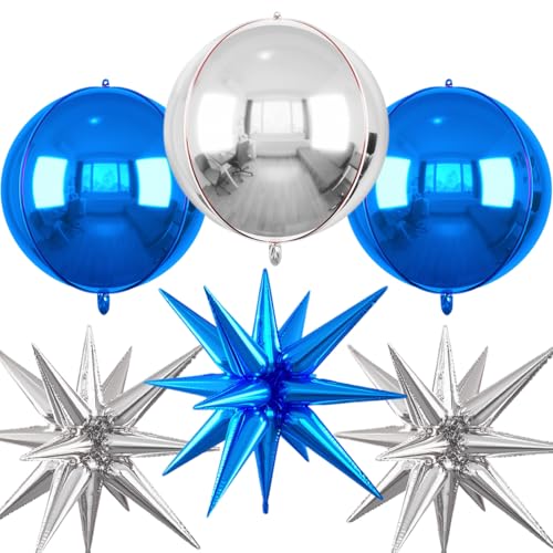 Image of 6pcs 22 inch Blue Silver Star Balloons and 4D Large Foil Balloons, Silver Dark Blue Star Balloon 4D Foil Aluminum Balloon For Birthday Baby Shower Graduation Father's Day Party Wedding Anniversary