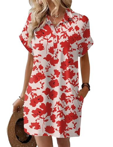 Image of HOTOUCH Womens Summer Shirt Dress 2026 Short Sleeve Floral Shift Dress Casual Loose Flowy Beach Sundress with Pockets