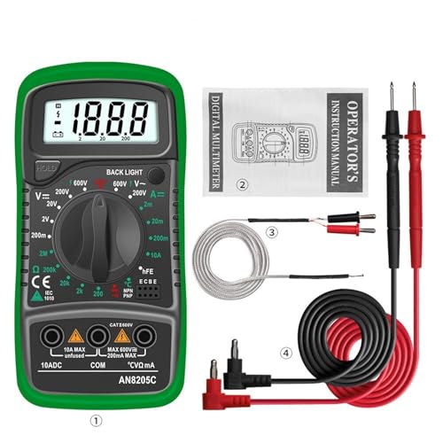 Multimètre Numérique, Multimètre numérique AC/DC, ampèremètre, voltmètre, ohmmètre, testeur, avec thermocouple, écran LCD rétroéclairé, portable(Groen)