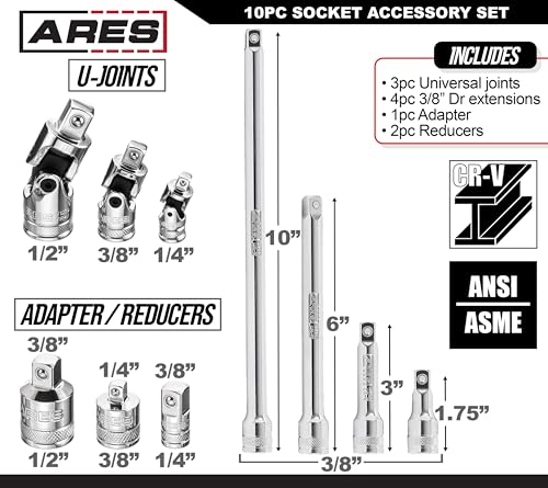 Image of ARES 71270-10-Piece Socket Accessory Set - Premium Chrome Vanadium Steel with Mirror Finish - Includes Socket Adapters, Extensions and Universal Joints