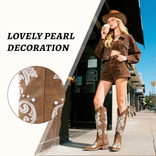 Image of Lace Up Cowboy Boots for Women Embroidered Wide Calf Cowgirl Boots Comfortable Chunky Heel Pointed Toe Trendy Western Shoes for Prom Music Festival