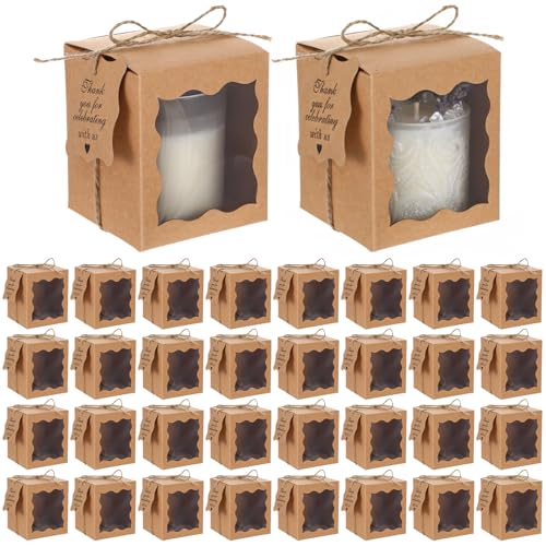 Lemecima 50 Set Candle Gift Box Transparent Gift Packaging Box for 4-10 oz Candles 50 Paper Thank You Tag with Ropes for Wedding Birthday Baby Shower Party Favor 3.35 x 3.35 x 3.94 in (Brown)