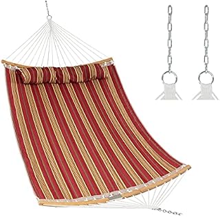 CASART Double Size Hammock, Quilted Hammock with Detachable Pillow, Curved Spreader Bar & Steel Chains, Camping Swing Hammock for Patio Garden Poolside (Bamboo Spread Bars, Red + Yellow)