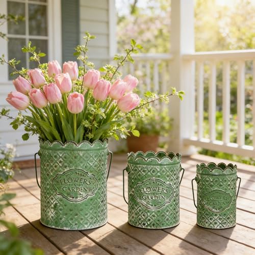 3 Piece Vintage Metal Planter Set,Rustic Distressed Garden Plant Buckets