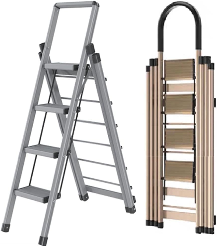 Escabeau 4 marches et séchoir pliant multifonctionnel en aluminium 150 kg, couleur gris