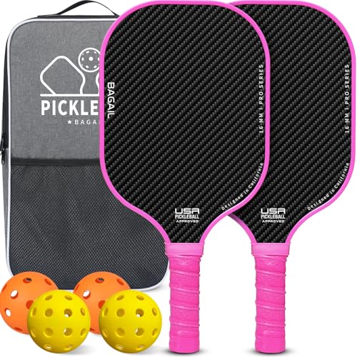 BAGAIL Pickleball Schlägerset, Pickle-Ball Schläger mit 4 Bällen, leicht – hohe Stoßdämpfung – ergonomisch, geeignet für Pickleball-Spiele im Innen- und Außenbereich, Rosa/2er-Pack