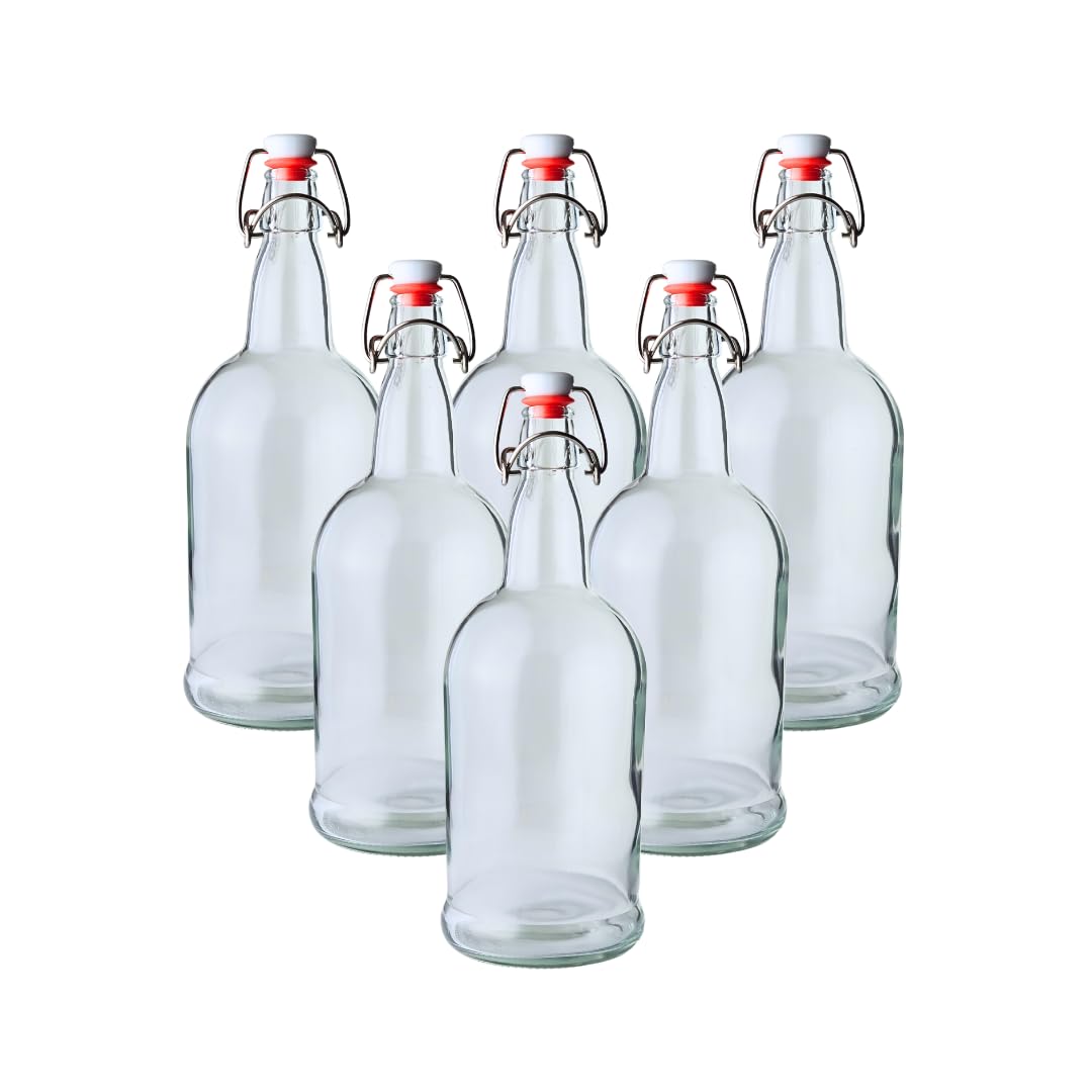 FastRack Swing Top Glass Bottles |33 oz – Pack of 6 | Clear Flip Top Glass Bottles for Home Brewing, Carbonated Drinks, Kombucha, Fermentation, Water | Food Grade – ECO Friendly