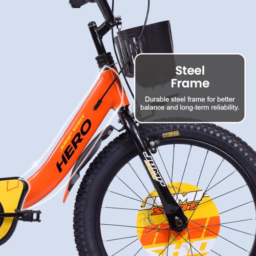 Image of Hero Jumpshot 16T Single Speed Kids Bicycle with Basket, Carrier and Integrated Basketball Kit | Orange-Black | Caliper Brake | 10.5 inch Steel Frame | Rider Height : 3ft 6 inch - 3ft 11 inch | 85% Pre Assembled