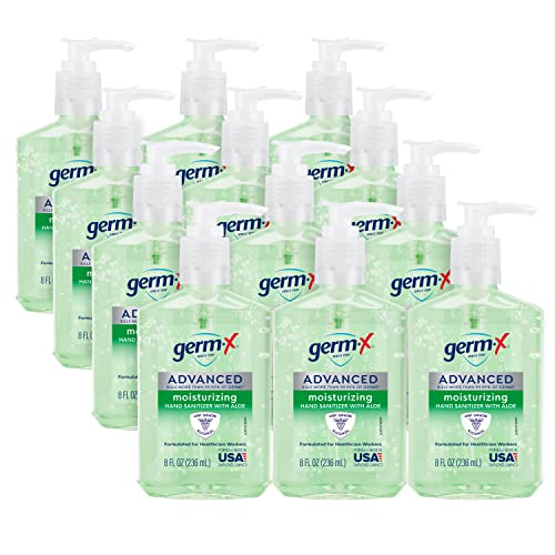 Image of Germ-X Advanced Hand Sanitizer with Aloe and Vitamin E, Non-Drying Moisturizing Gel, Instant and No Rinse Formula, Pump Bottle, 8 Fl Oz (Pack of 12)