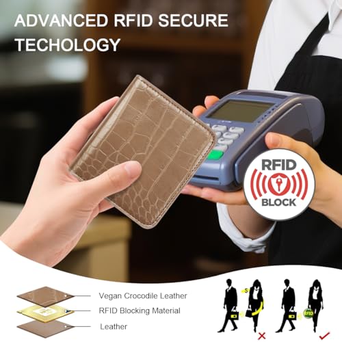 Image of Crocodile Wallets Women Small RFID Blocking Credit Card Holder | Luxury Alligator Faux Leather Thin Bifold Croc Womens Wallet Ladies Mini Purse with Coin Pocket, Khaki