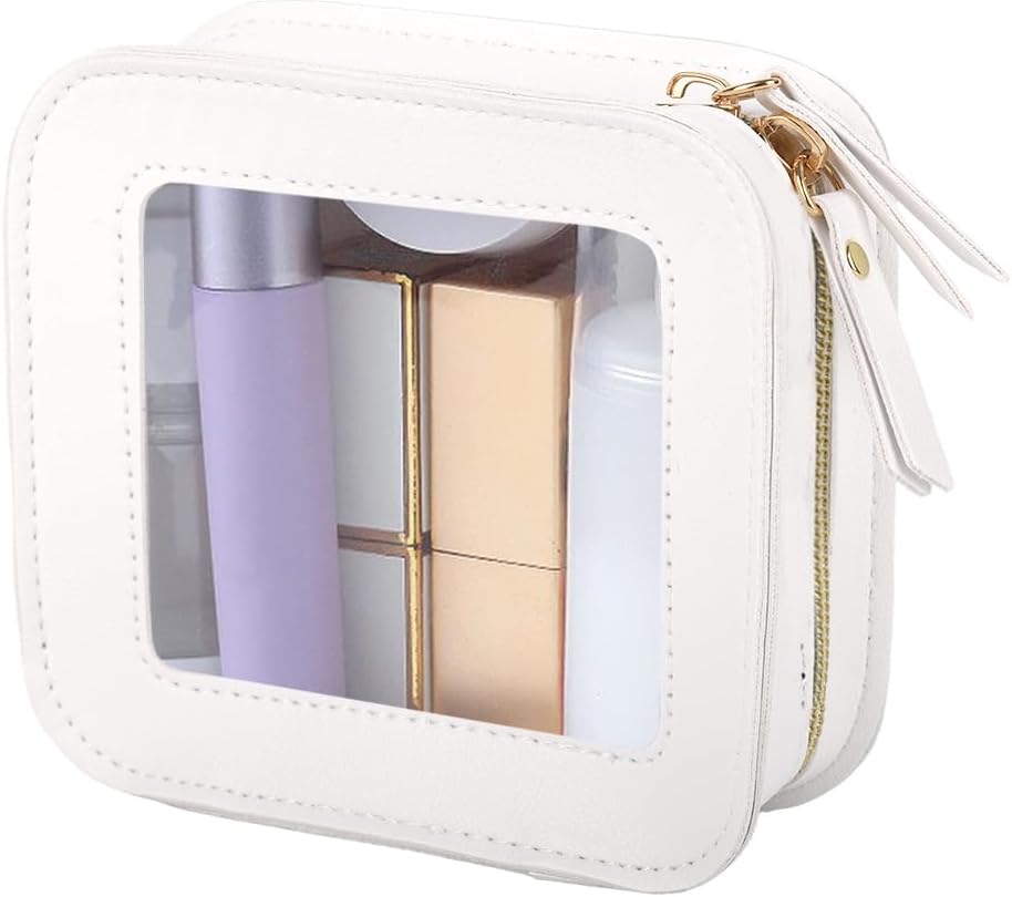 HANNEA® Popvibe Clear Makeup Bag, Transparent Travel Cosmetic Case, Waterproof Portable Toiletry Organizer with Zipper, Compact PU Leather Pouch for Women Girls Essentials – White