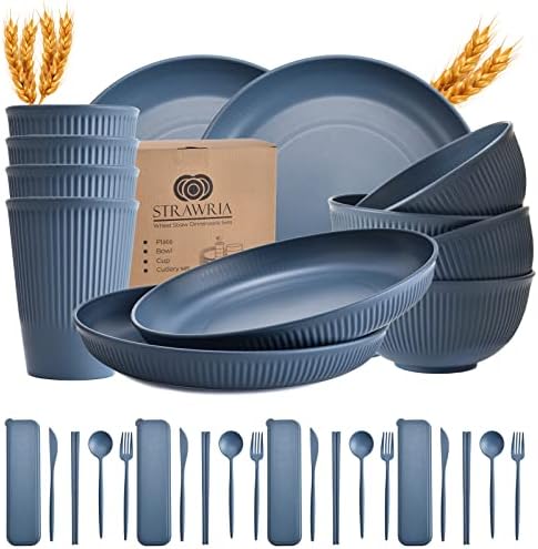 Wheat Straw Dinnerware Sets – Wheat Straw Plates and Bowls Sets with Cups and Cutlery – Eco-Friendly Unbreakable Dinnerware – Reusable Wheat Straw Plates – Microwaveable and Dishwasher-Safe