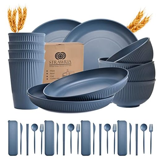 Wheat Straw Dinnerware Sets for 8 – Wheat Straw Plates and Bowls Sets with Cups and Cutlery – Eco-Friendly Unbreakable Dinnerware – Reusable Wheat Straw Plates – Microwaveable and Dishwasher-Safe