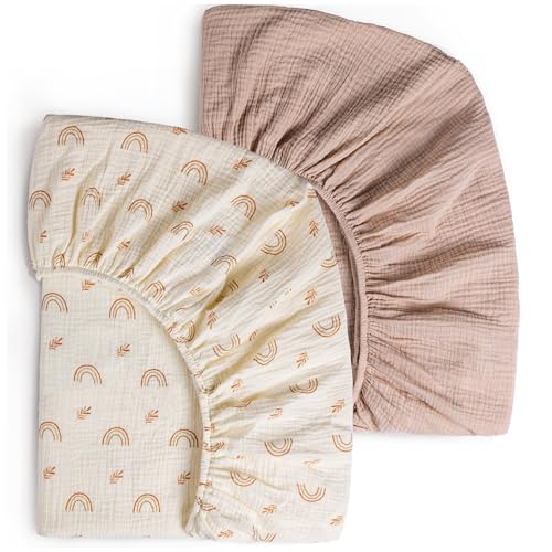 Image of Deppon Muslin Crib Sheets for Girls Boys, 2 PCS Soft and Breathable Fitted Baby Sheet for 52" x 28" Standard Crib Mattress and Toddler Bed (Blush, Rainbow)
