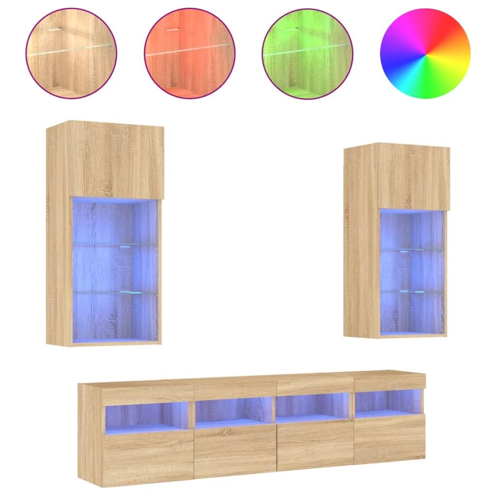 Gecheer 5-TLG.parete per soggiorno, parete con illuminazione a LED, pensile per TV, TV bassa, mobile per TV, TV da salotto, TV, in legno, vetro