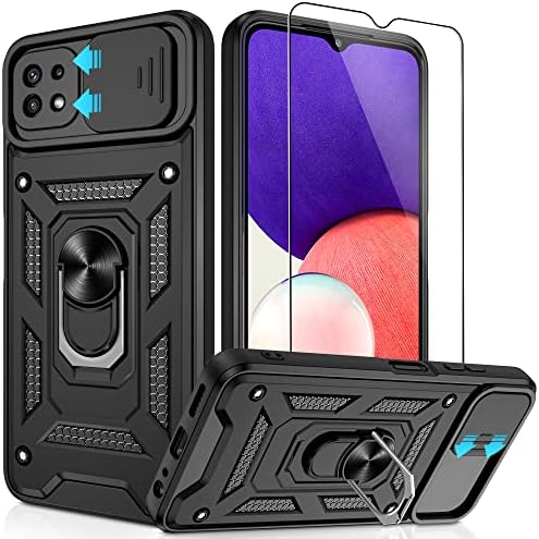 Jshru for Samsung A22 5G Case with Screen Protector,A22 5G 8FT Military Grade Anti-Scratch and Shockproof Cover,[Camera Protection] and Ring Kickstand Case for Samsung Galaxy A22 5G,Black