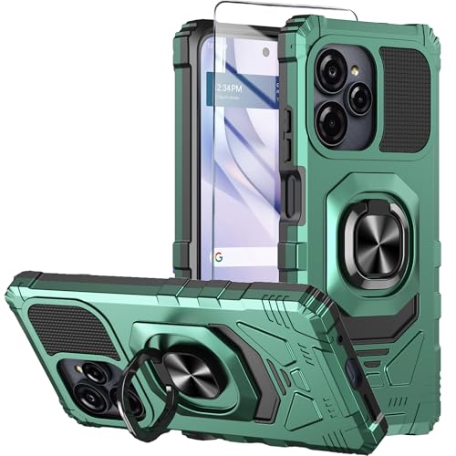 Mocotto for BLU View Speed Ultra 5G Phone Case with Tempered Glass Screen Protector Dual Layer Shockproof Protection Cover with Ring Kickstand (Dark Green)