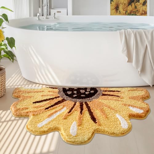 LUMI Floral Bath Mat Sunflower Bathroom Rug Soft Plush Fluffy Yellow Bath Mat Absorbent Non-Slip for Bathroom Kitchen Sink Bedroom Kids Bedroom and Living Room 20x36