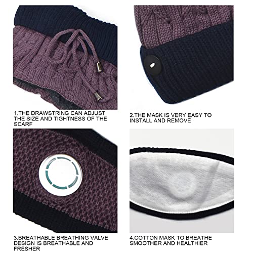 Warm Winter Beanie Hat, Fashion Women Winter Warm Knitted Hat Thickened Woolen Cap With Warm Mask And Neck Scarf, Womens Knit Beanie Hat, Winter Scarf Mask Set,Girls Warm Hat Earmuffs Cap With Pom #TOP3