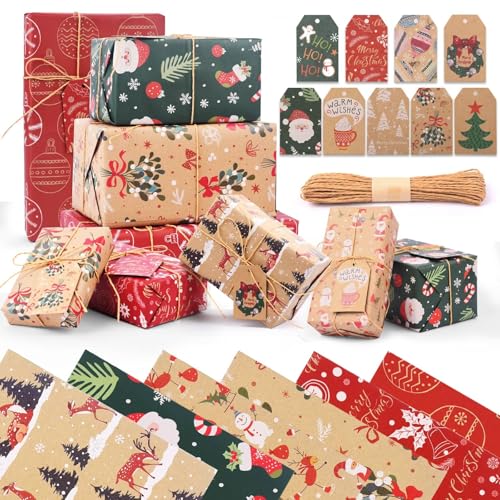 AhfuLife 6/12 Hojas Papel de Regalo Navideño, 70x50cm, Kraft Reciclado Incluye 9 Etiquetas 6 Diseños Vintage para Regalos, Decoración de Fiestas de Navidad AhfuLife 6/12 Hojas Papel de Regalo Navideño, 70x50cm, Kraft Reciclado Incluye 9 Etiquetas 6 Diseños Vintage para Regalos, Decoración de Fiestas de Navidad