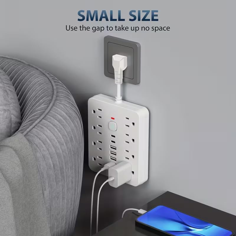 Multitoma con protección contra sobretensiones - 8 tomas con 6 puertos USB (2 USB C), cable de extensión de 9.8 pulgadas, montable en pared para oficina, estudio, hogar y escuela - Enchufe US miniatura 5