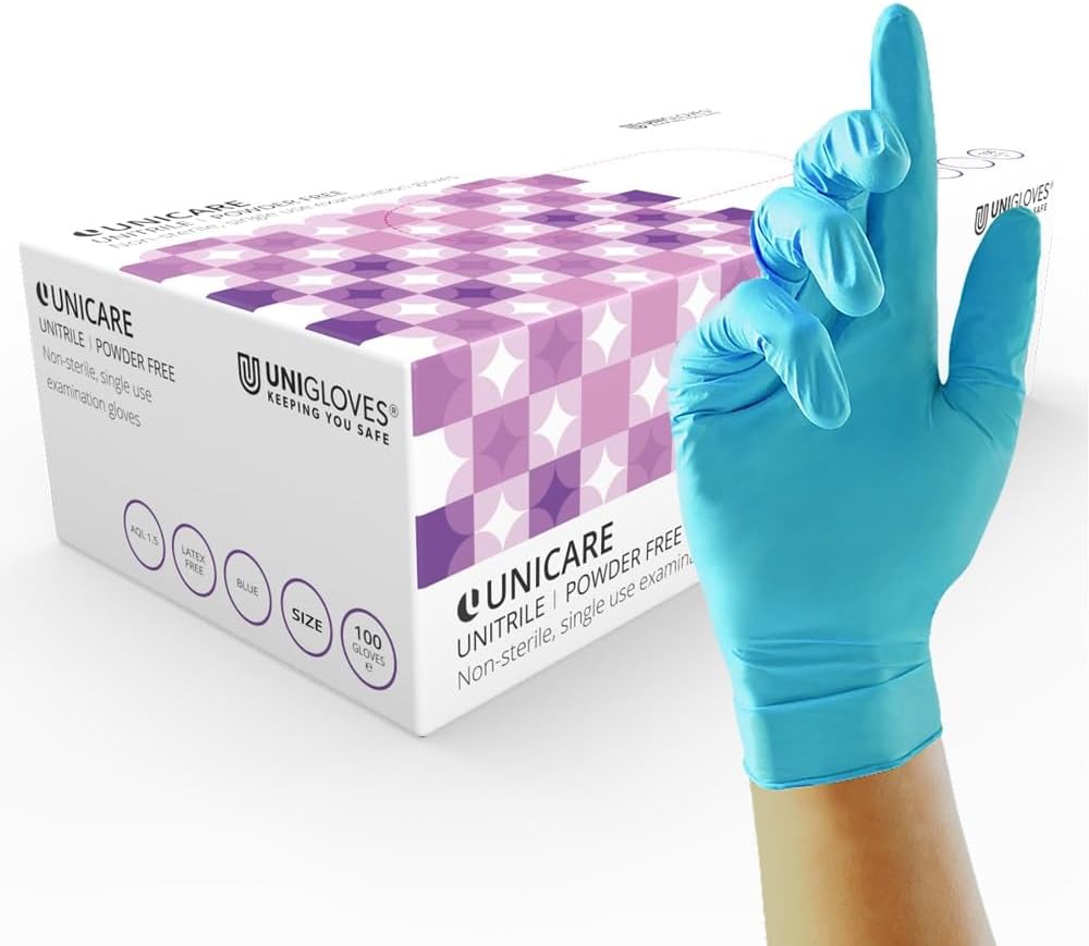 Unitrile GS0055 Medical Grade Examination Gloves - Powder and Latex Free Disposable Gloves, Box of 100 Gloves, Blue, Extra Large