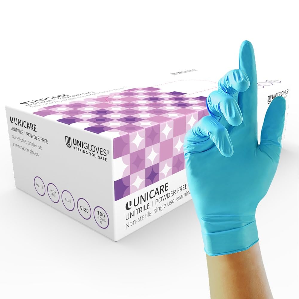 Unigloves Unitrile GS0055 Medical Grade Examination Gloves - Powder and Latex Free Disposable Gloves, Box of 100 Gloves, Blue, Extra Large