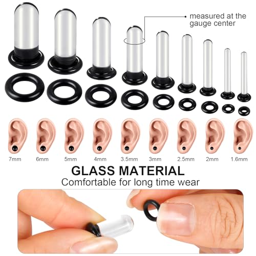 14-18Pcs Glass Ear Stretching Kit 1.6-7mm/7.5-12mm Plugs for Ears Gauges with O-Rings Single Flare Glass Gauge Stretching Kit Ear Expander Body Piercing Jewelry for Women Men2