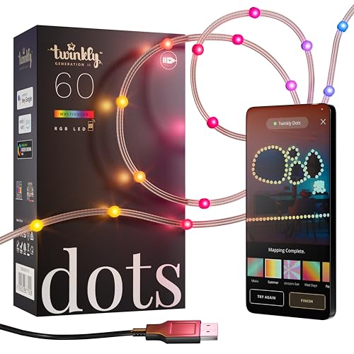 Twinkly Dots 3m, Striscia LED Multicolore, Striscia LED RGB Flessibile, Compatibile con Alexa e Google Home, Gaming, 16M+ Colori, Alimentazione USB, Controllo App, Filo Trasparente, 60 LED