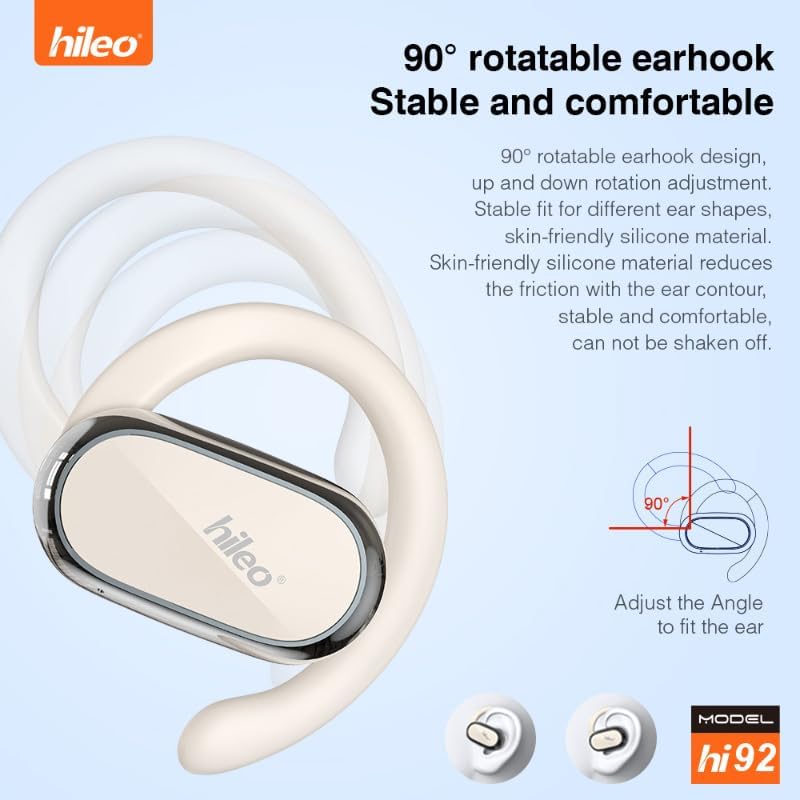 hi 92 OWS Inear Bluetooth Headphones Open Ear Headphones with Dual Earhooks Anti-Drop Directional Sound Sport Running (White)