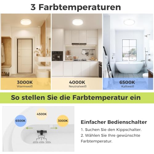 hepside Plafonnier LED, 3 couleurs - 3000K/4000K/6500K, 16cm IP44 Etanche Lampe plafond,Moderne, Rond, Lampe Salle de Bain Plafond pour Salon,Chambre,Chambre d'enfant,Cuisine,Couloir – vue 2