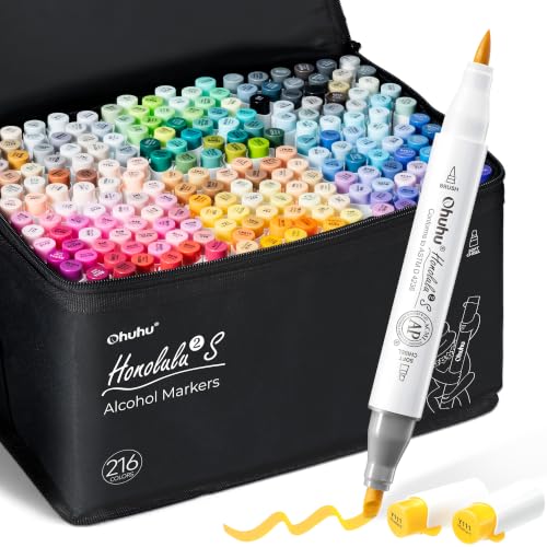 Ohuhu Alcohol Markers 216 Colors Brush& Soft Chisel for Adult Cozy Coloring