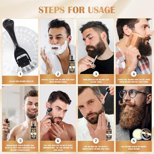 Beard Growth Kit, Grooming Set w/Growth Oil, Conditioner, Balm, Shampoo Wash, 0.25MM Roller, Brush, Comb, Scissor, Bag, Christmas Birthday Valentines Day Gifts for Him Men - Image 8