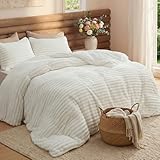 Bedsure King Comforter - GentleSoft™ 3 Pieces Double-Side Fleece Fluffy White Comforter Set, Cozy Striped Room Decor Aesthetic, Luxury King Size Bedding with 2 Pillowcases, 104x90 Inches