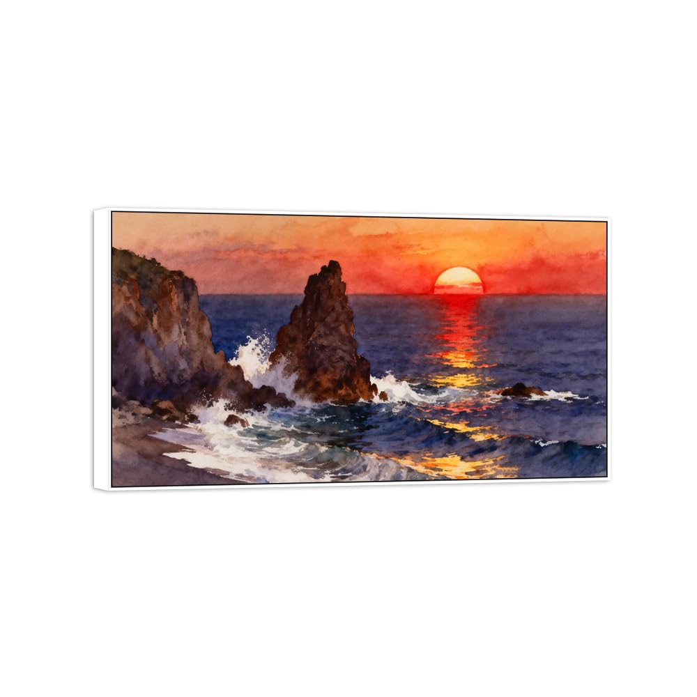 OZPWBVY Landschaft Leinwandbild-Rock Meer Sonnenuntergang-Natur Drucke für Wohnzimmer Schlafzimmer Wohnkultur Fertig zum Aufhängen 50x90cm Weiß Rahmen