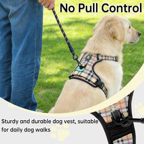 NESTROAD Hundegeschirr Kleine Hunde Kariert Beige, Anti Zug Geschirr Gepolstert Brustgeschirr für Kleine Hunde, Größe S Halsumfang 28~38CM Brustumfang 38~53CM, Reflexstreifen Brustgeschirr Hund