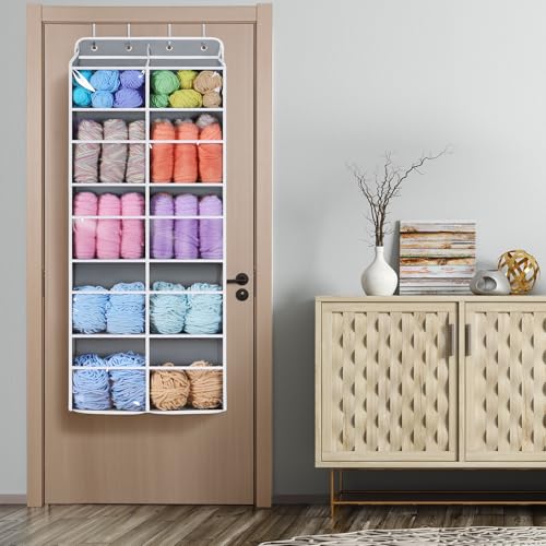 Image of Univivi Hanging Yarn Storage Organizer, Extra Large 5 Tiers Crochet Bag Organizer with Clear Deep Pockets, Over the Door Yarn Storage for Crochet Hook, Knitting Needles (Grey)