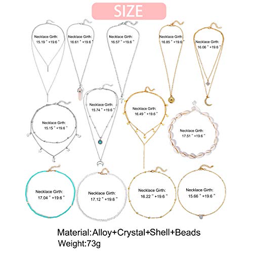 13 Pcs Fashion Teen Layered Necklaces Jewelry For Girls Women Gold & Silver Sexy Adjustable Beaded Choker Chain Y Bar Crossing Coin Pendant Set For Christmas/Birthday/Party Gifts #TOP5