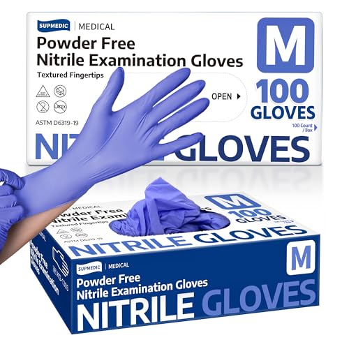 Supmedic Medical Nitrile Exam Gloves, Powder-Free Latex-Free Non-Sterile Food Safe Disposable Glove, Blue Iris 100 pcs (Medium)