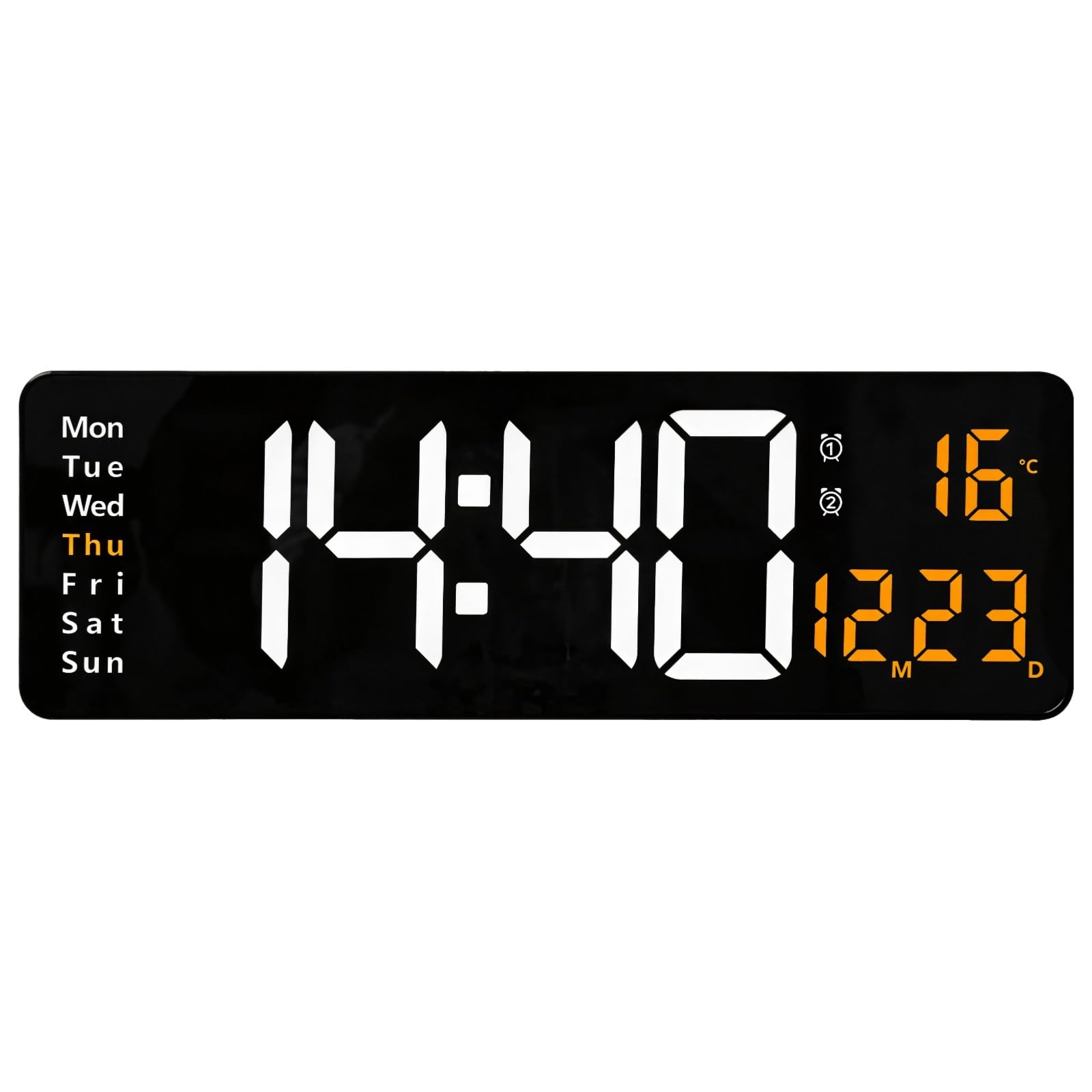 PONDON Orologio da parete digitale da 40,6 cm, display a LED con telecomando, luminosità automatica, arancione, ora, data, temperatura, per cucina, ufficio
